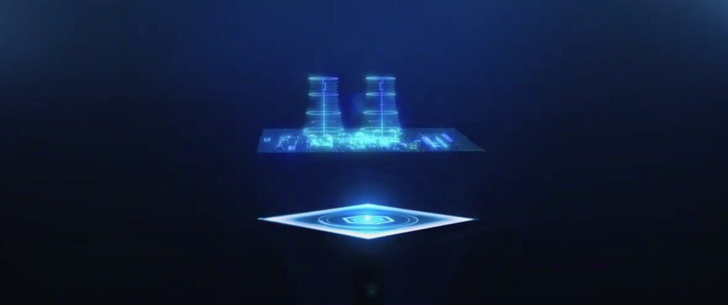 Glowing, floating illustrated nuclear plant